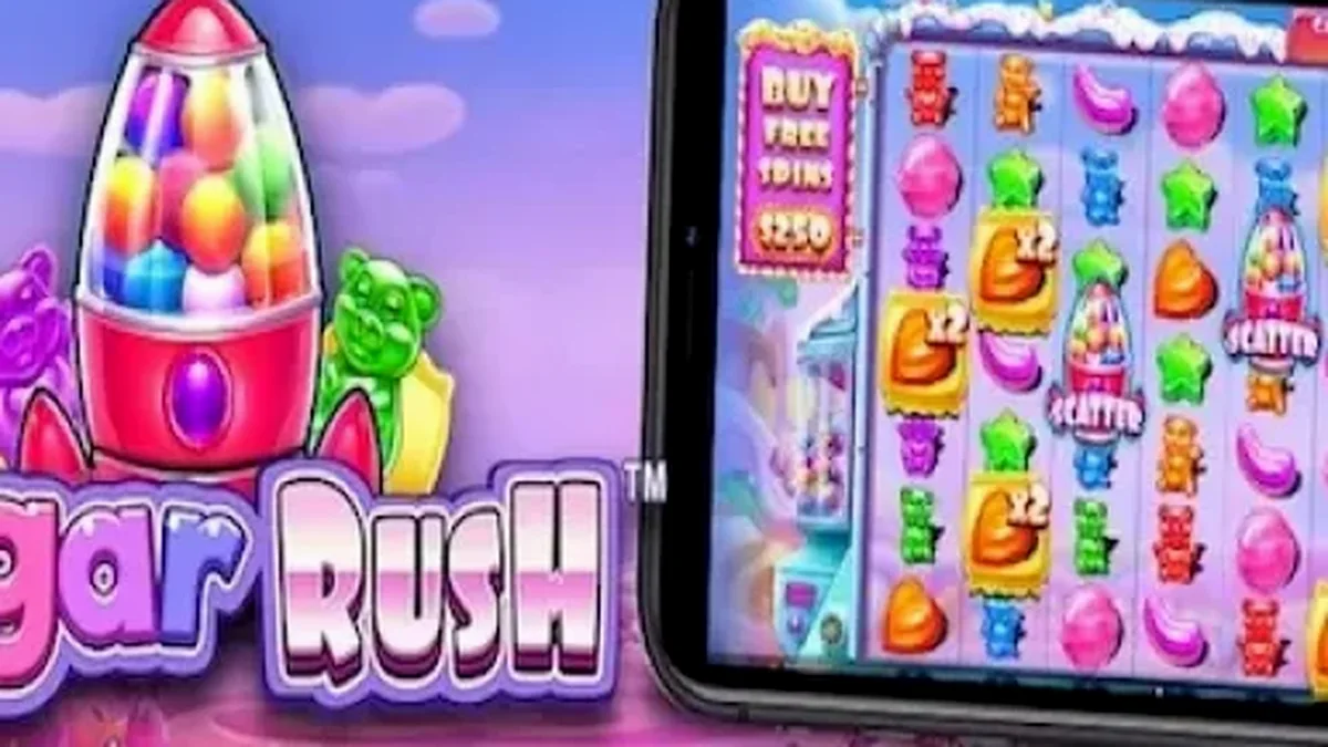 Interface colorida e vibrante do slot Sugar Rush com doces e multiplicadores