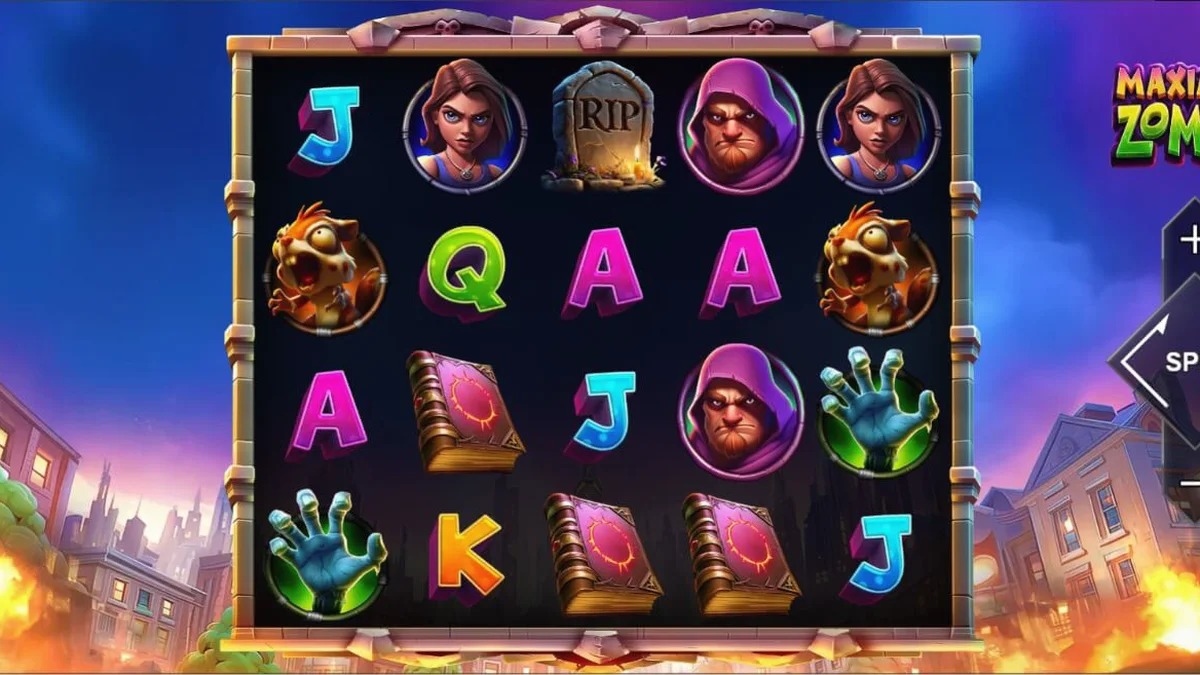Captura de tela do jogo de slot Maximum Zombie, mostrando um cenário apocalíptico com zumbis e símbolos de coleta como motosserras e espingardas.